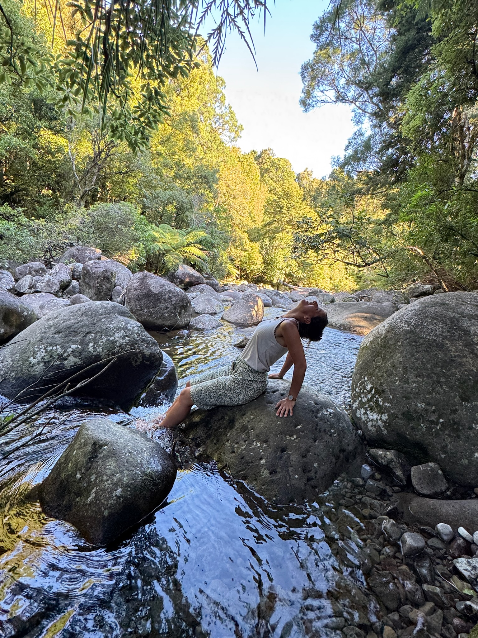 Lisa doing yoga on rocks in a forest river